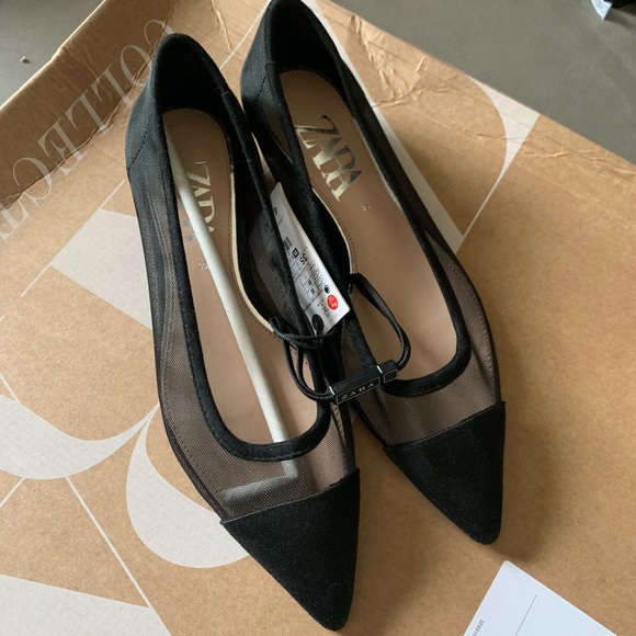 NEW ZARA BLACK MESH SUEDE POINTY BALLET FLATS 6 - Picture 1 of 7